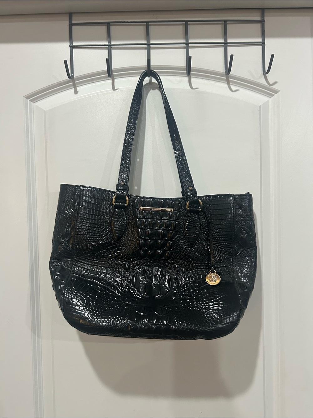 Brahmin Black Croc-Embossed Tote with Gold Charm